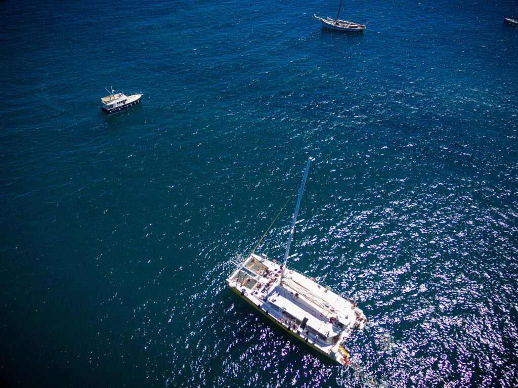 Passagers profitant du soleil sur les filets et de la baignade dans les eaux turquoise de Paulilles lors d'une Sortie bateau Canet avec le catamaran Navivoile