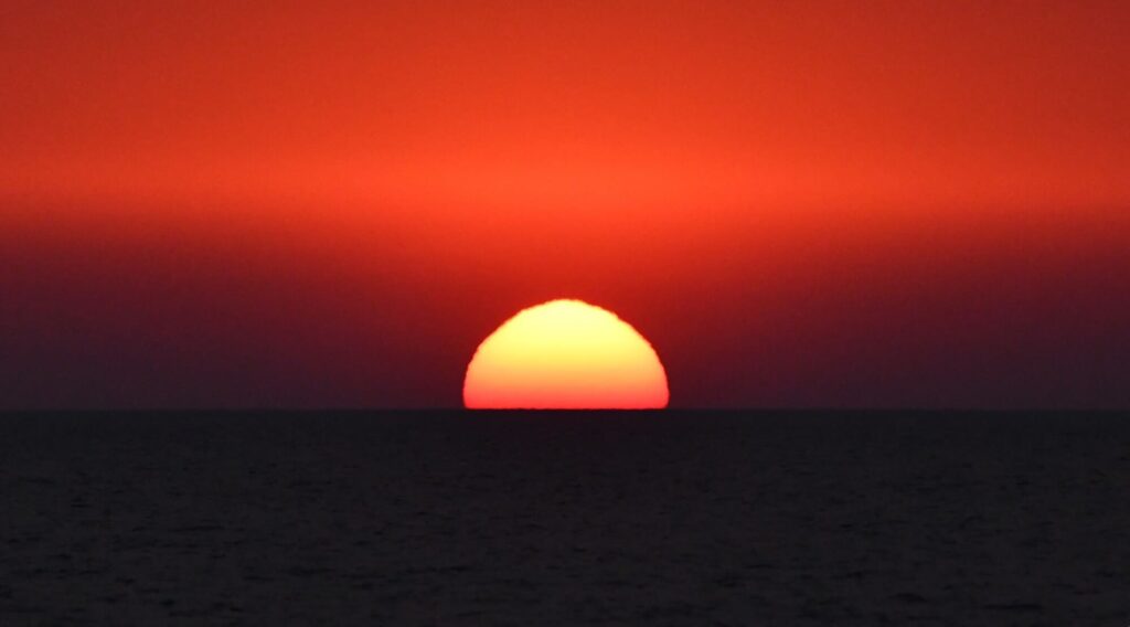 Photographie d'une Sortie en Mer au Lever du Soleil face à la plage de Torreilles. Le disque solaire est à moitié englouti par l'horizon sous un ciel rouge sang intense, durant une session d'observation de dauphin à bord du catamaran Navivoile