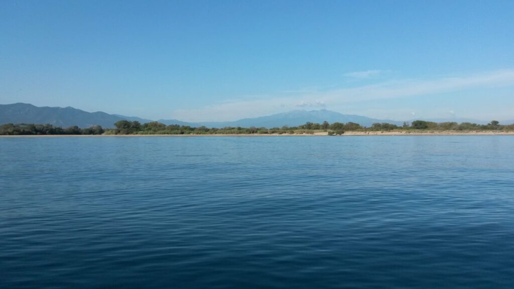 Le catamaran Navivoile naviguant devant la réserve naturelle du Mas Larrieu à Argelès-sur-Mer, avec le massif du Canigou enneigé en arrière-plan