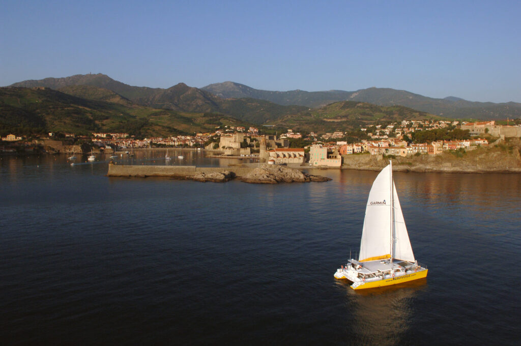 Le grand catamaran Navivoile naviguant toutes voiles dehors devant le panorama historique de Collioure et son église Notre-Dame-des-Anges