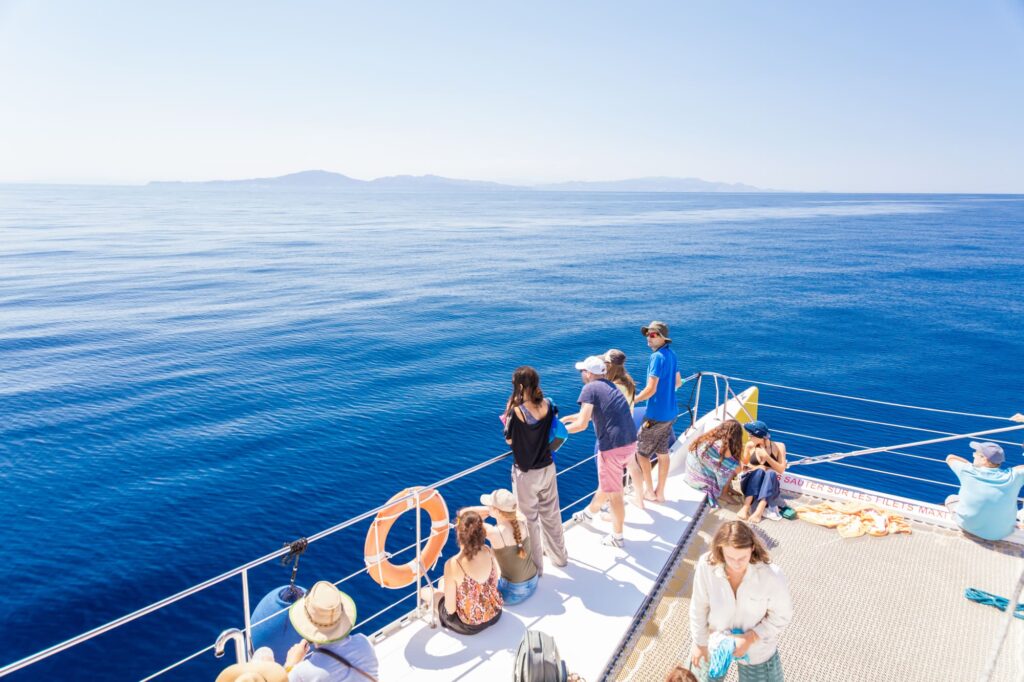 Groupe de passagers installés sur l'avant bâbord du catamaran Navivoile, scrutant avec enthousiasme la surface de l'eau à la recherche de cétacés, avec les reliefs de la Côte Vermeille en arrière-plan, lors d'une observation dauphins Port-Vendres