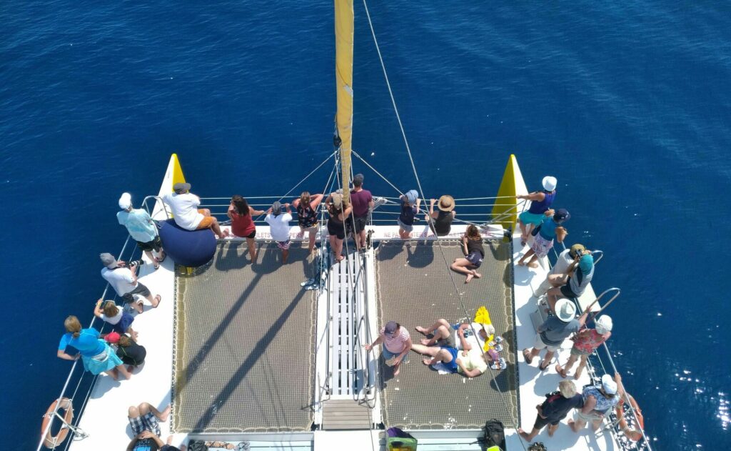 Passagers allongés sur les filets du catamaran observant les fonds marins et l'eau bleu profond lors d'une sortie bateau à Collioure