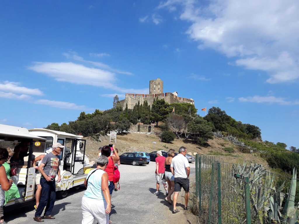 Passagers du Navivoile admirant la vue devant le Fort Saint-Elme entre Collioure et Port-Vendres avant de remonter dans le petit train