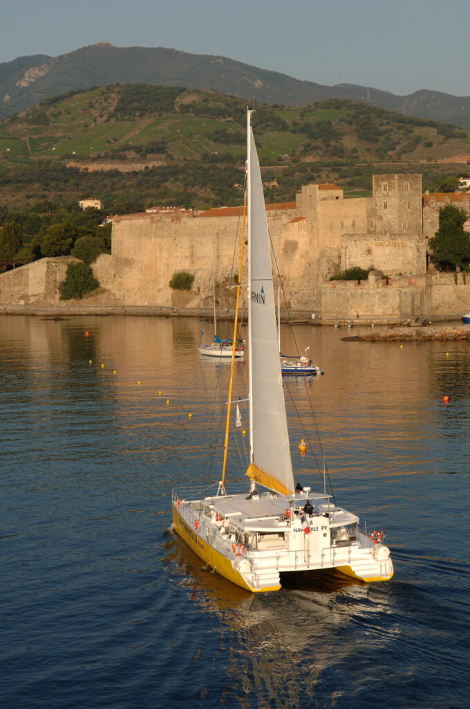 Photo d'une Promenade en mer à Port-Vendres. Le catamaran Navivoile entre dans la baie de Collioure sur une mer d'huile, face au Château Royal et dominé par la tour de la Madeloc sur les sommets