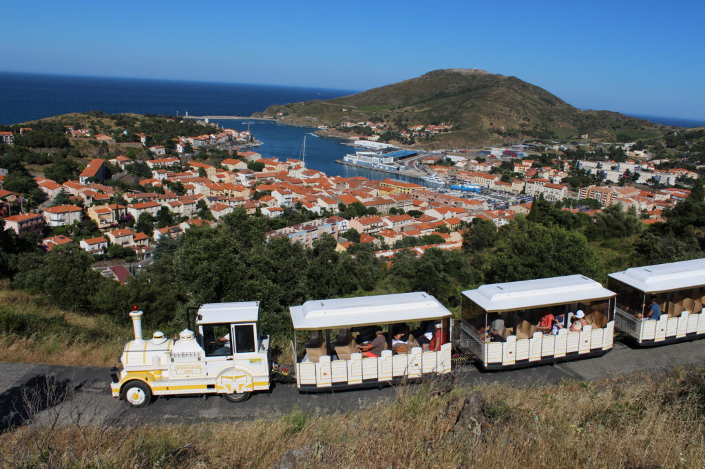 Panorama sur le port de Port-Vendres depuis les hauteurs, avec le petit train touristique circulant à travers les vignes en terrasses
