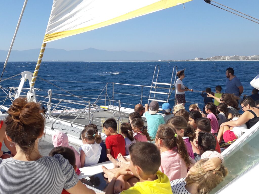 Élèves de CM2 à l'avant du Navivoile par vent de Tramontane au large de Canet-en-Roussillon, avec le Massif des Albères en arrière-plan