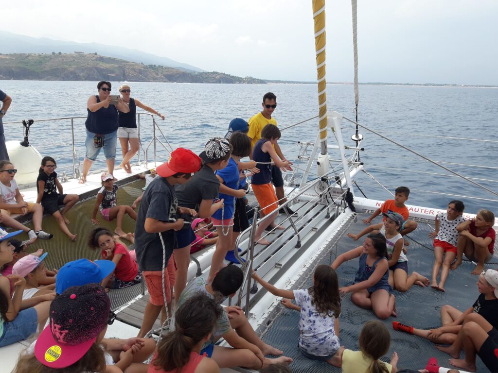 Des élèves de tous niveaux participent à la manœuvre du gennaker avec un marin du Navivoile au large de Collioure et Port-Vendres