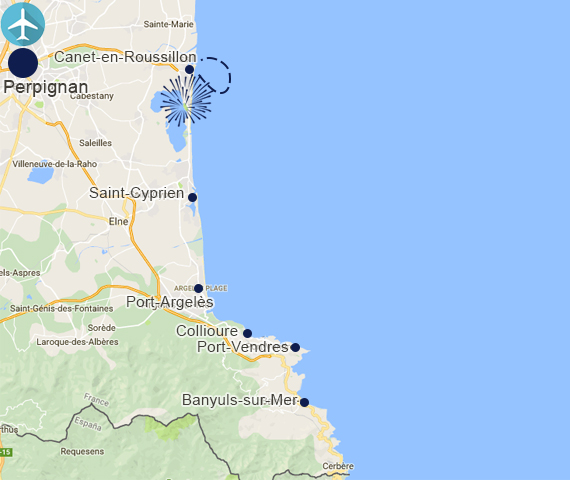 carte tracé croisière feu d'artifice du 13 juillet de canet-en-roussillon observé depuis el catamaran navivoile