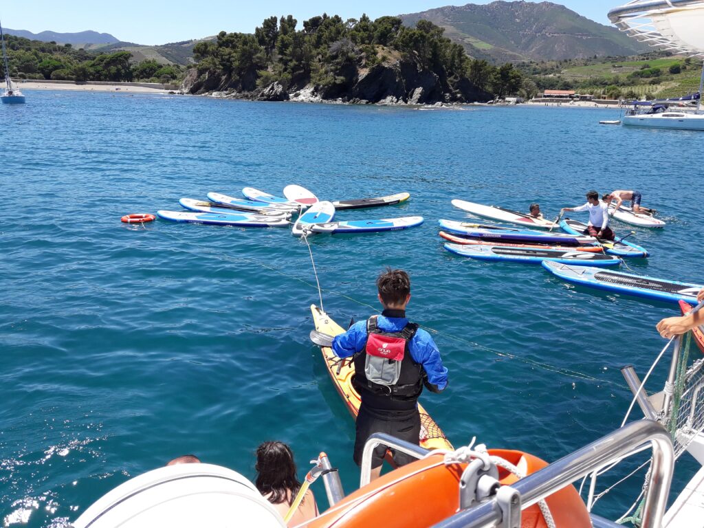 Moniteur diplômé préparant l'activité stand-up paddle dans la baie de Paulilles à bord du NAVIVOILE