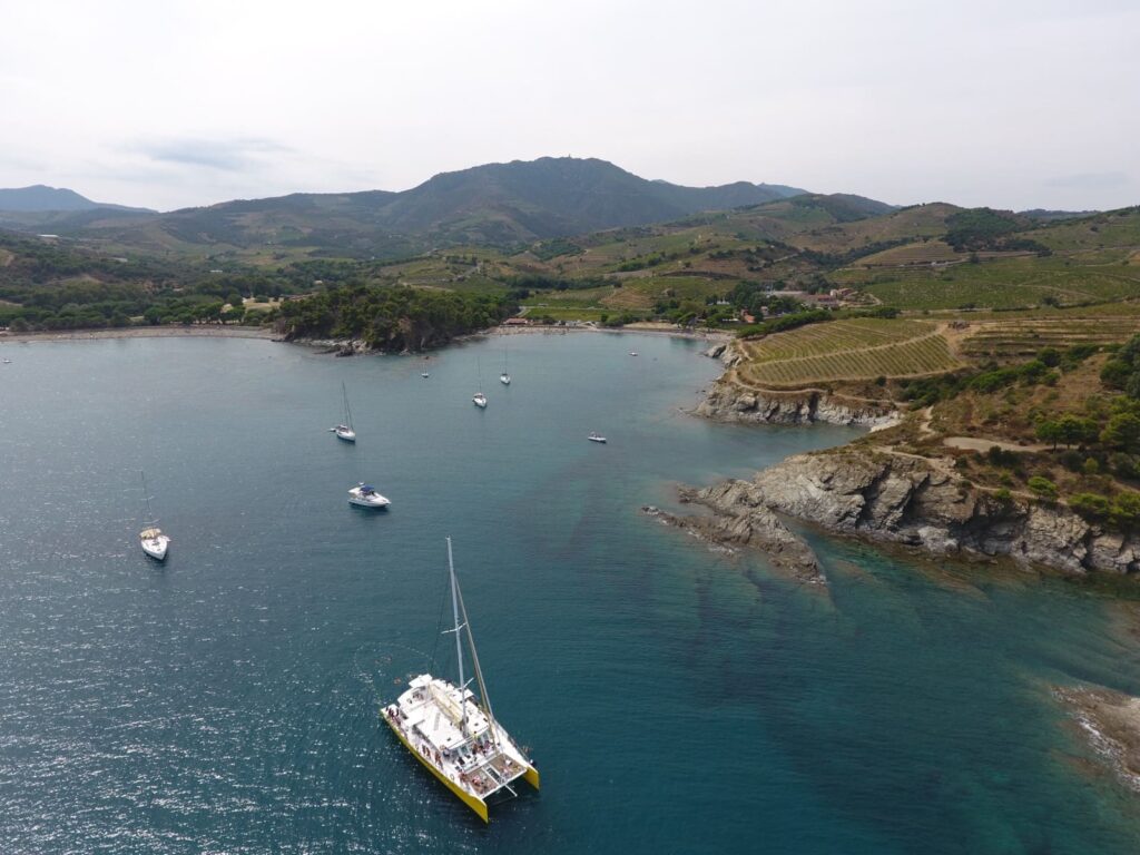 Vue aérienne spectaculaire en contre-jour du NAVIVOILE au mouillage dans la baie de Paulilles en juin, avec un groupe en team building profitant d'une pause déjeuner sur le pont, lors d'un séminaire en catamaran privatif